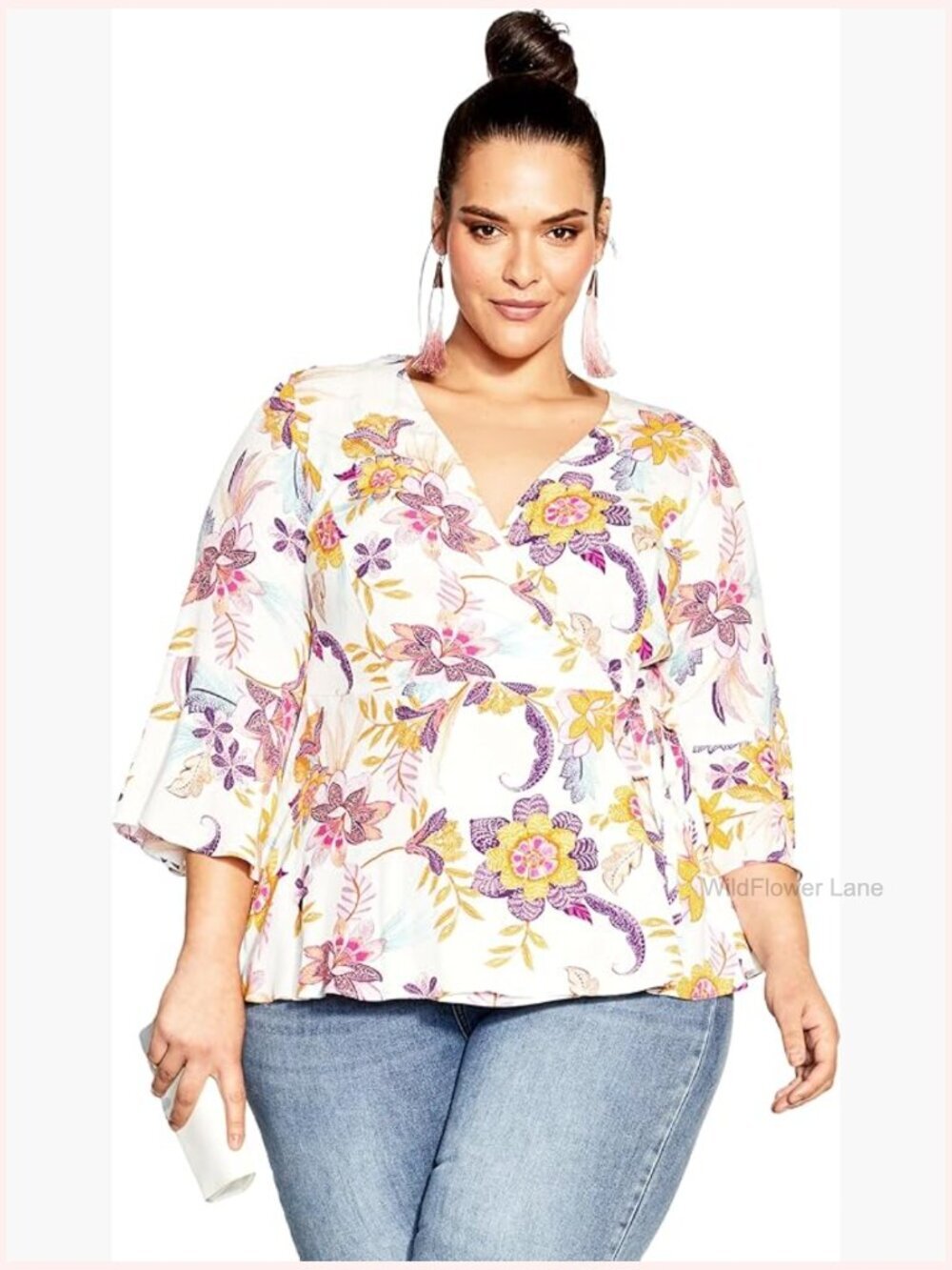 Plus Size Island Print Peplum Top Wrap V-Neck Flared Sleeves